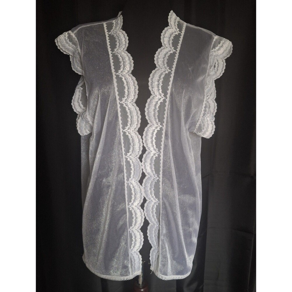 Vtg  Women’s White  Bed Jacket Nylon Sheer Open Top Lace Trim coquette fairy M